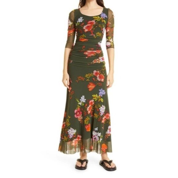 Nwot Fuzzi Ruched Scoop Neck Flower Maxi Dress Size Xxs